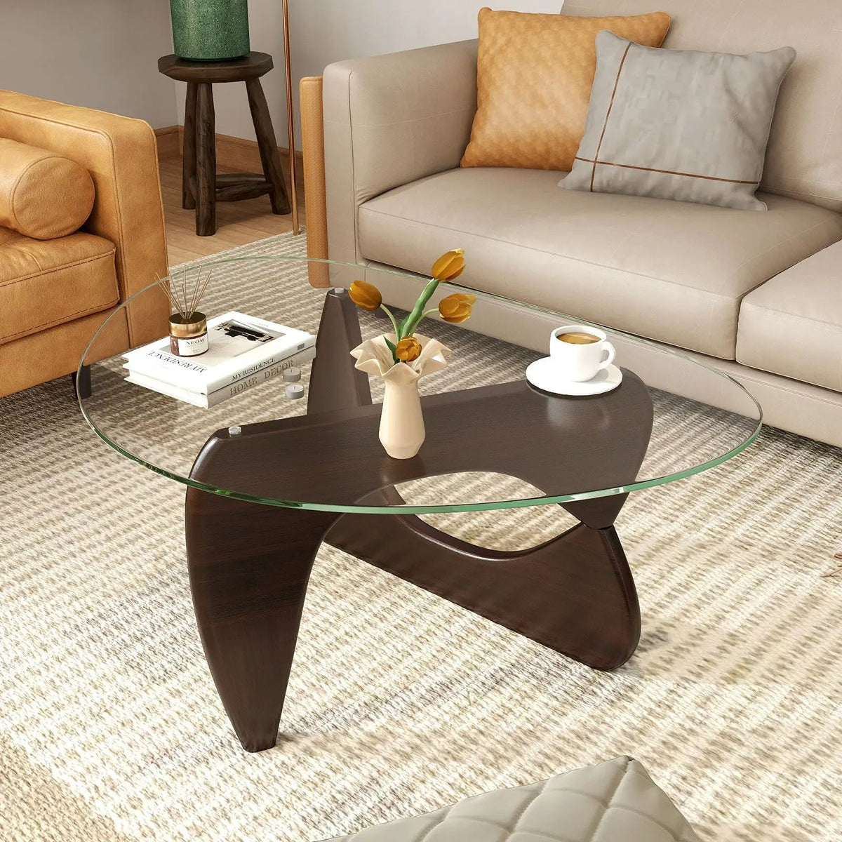Triangle Coffee Table with Tempered Glass Top and Adjustable Rubber Wood Base by DirectDeals