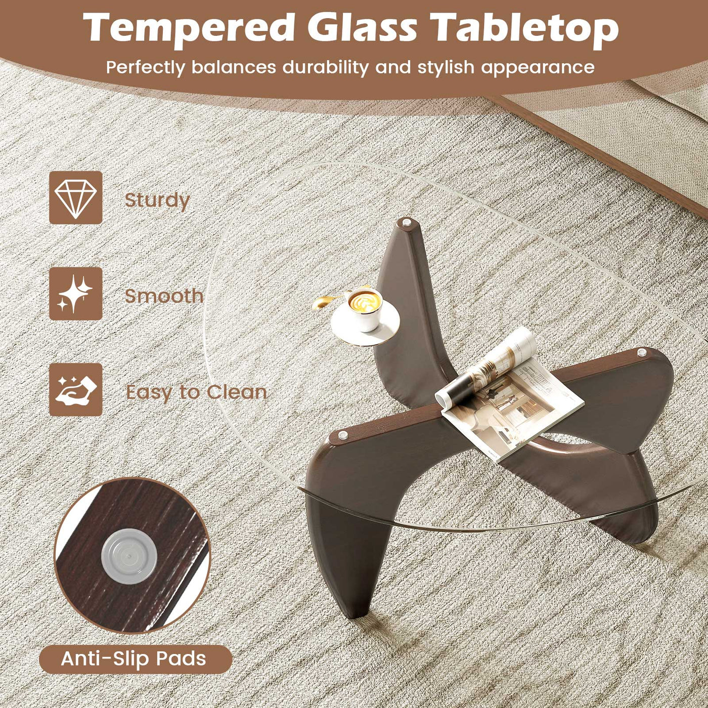 Triangle Coffee Table with Tempered Glass Top and Adjustable Rubber Wood Base by DirectDeals