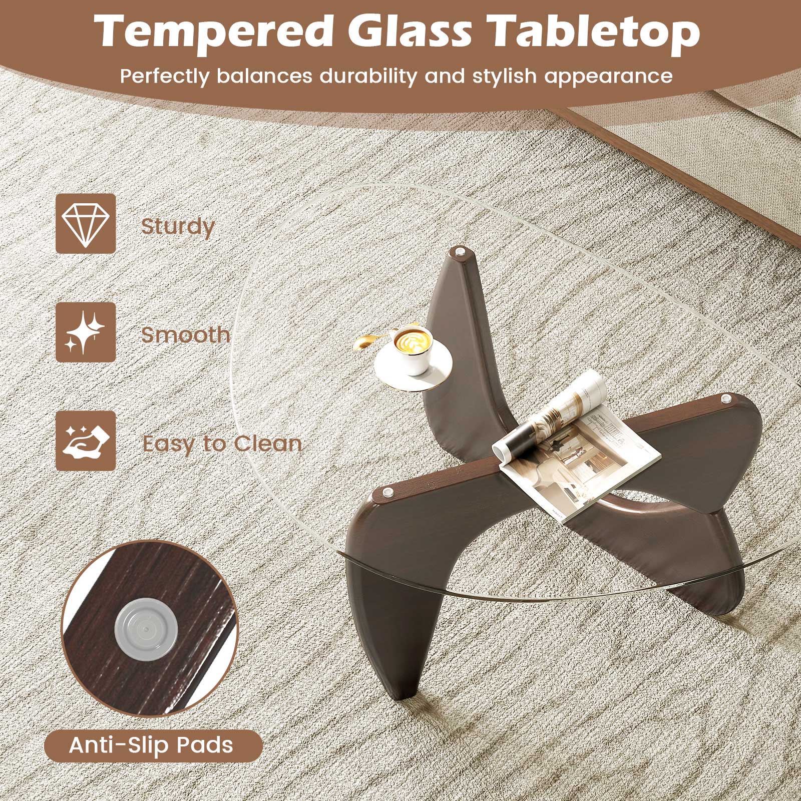 Triangle Coffee Table with Tempered Glass Top and Adjustable Rubber Wood Base by DirectDeals
