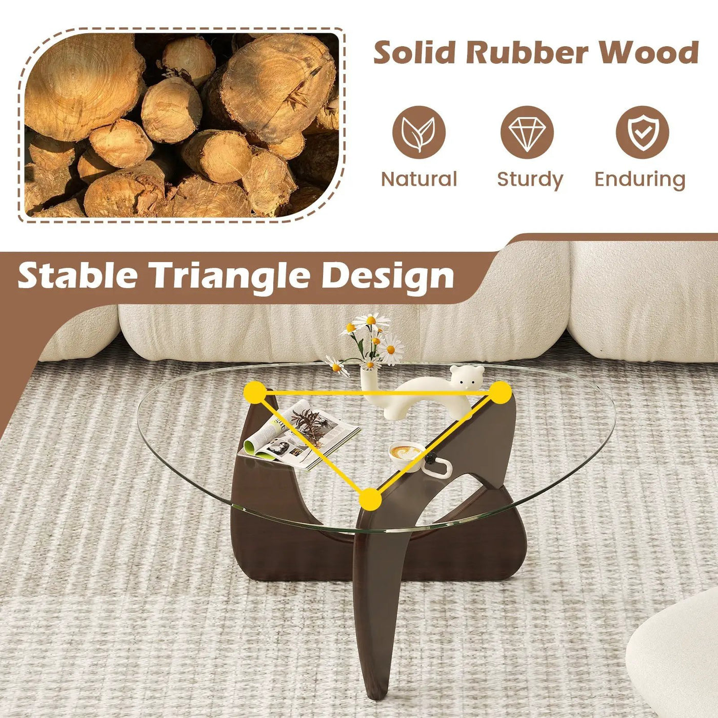 Triangle Coffee Table with Tempered Glass Top and Adjustable Rubber Wood Base by DirectDeals
