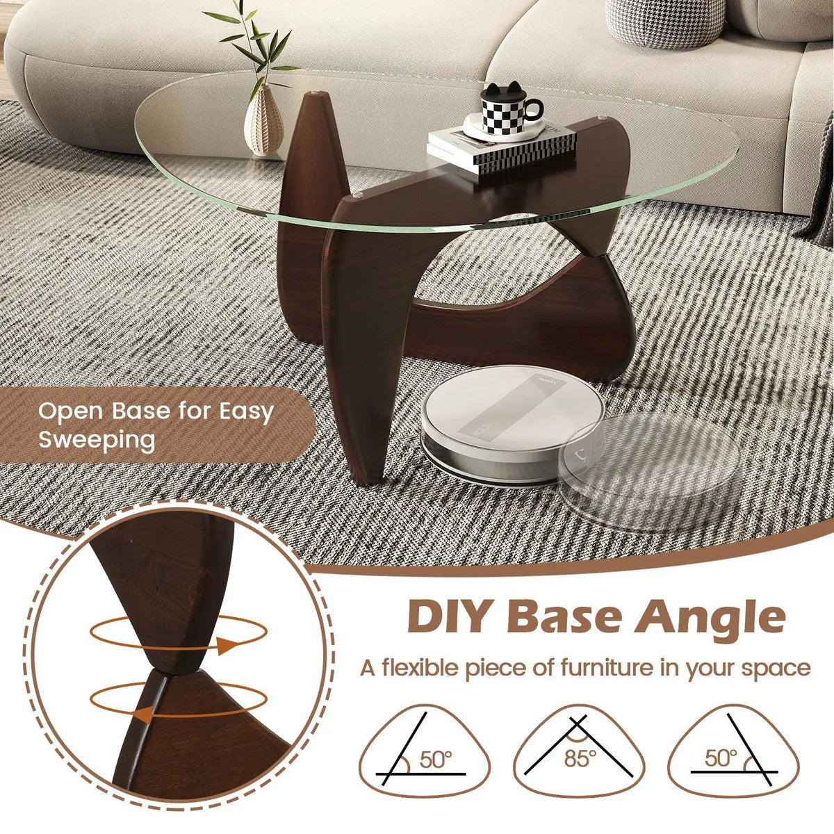 Triangle Coffee Table with Tempered Glass Top and Adjustable Rubber Wood Base by DirectDeals