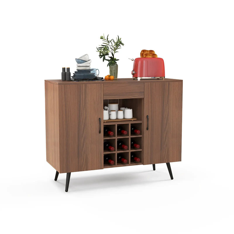 Mid-century Modern Buffet Sideboard Server Cabinet with 9-Bottle Wine Rack-Walnut by DirectDeals