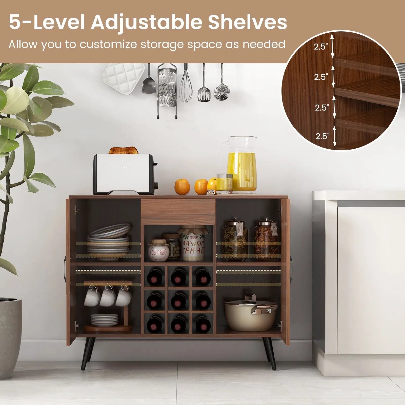 Mid-century Modern Buffet Sideboard Server Cabinet with 9-Bottle Wine Rack-Walnut by DirectDeals