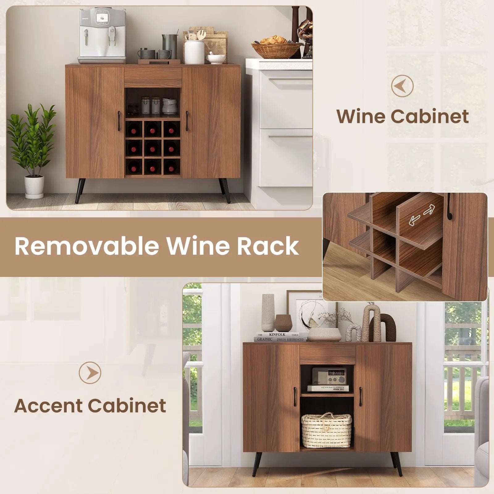 Mid-century Modern Buffet Sideboard Server Cabinet with 9-Bottle Wine Rack-Walnut by DirectDeals