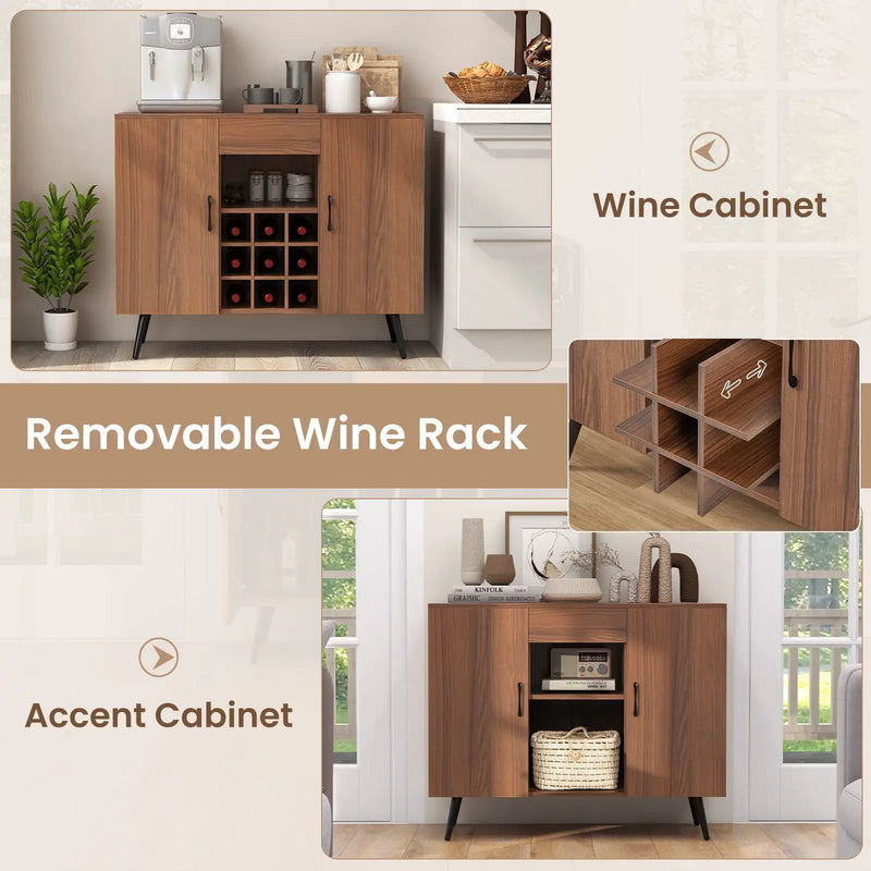 Mid-century Modern Buffet Sideboard Server Cabinet with 9-Bottle Wine Rack-Walnut by DirectDeals