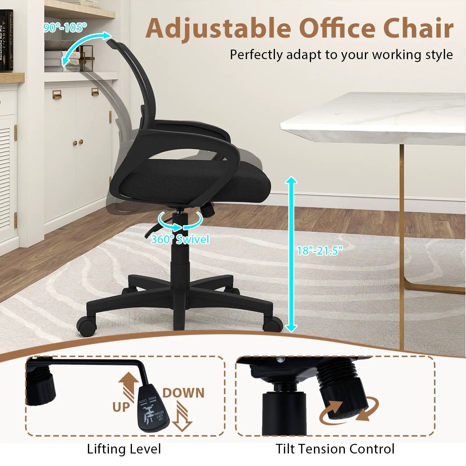 Mid-Back Mesh Office Chair Ergonomic Computer Chair with Lumbar Support-Black by DirectDeals