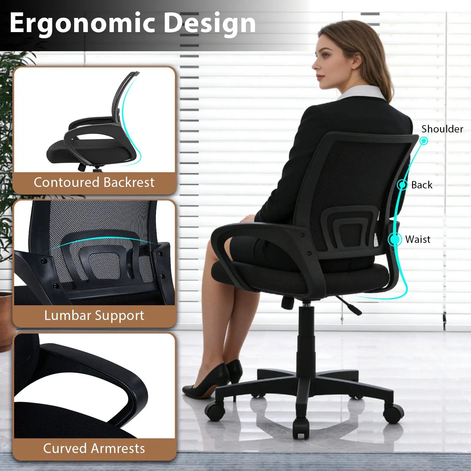 Mid-Back Mesh Office Chair Ergonomic Computer Chair with Lumbar Support-Black by DirectDeals