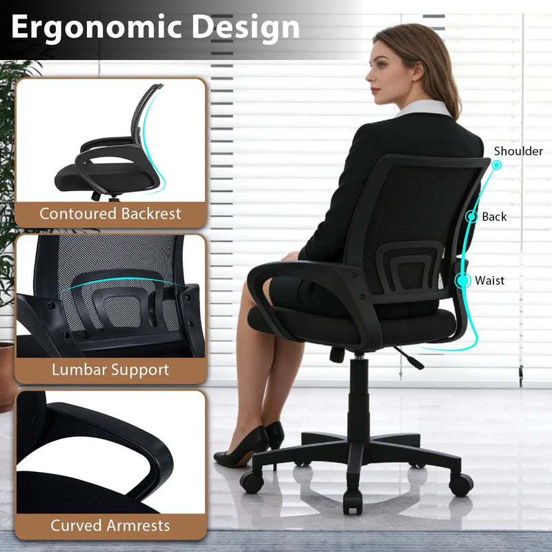 Mid-Back Mesh Office Chair Ergonomic Computer Chair with Lumbar Support-Black by DirectDeals