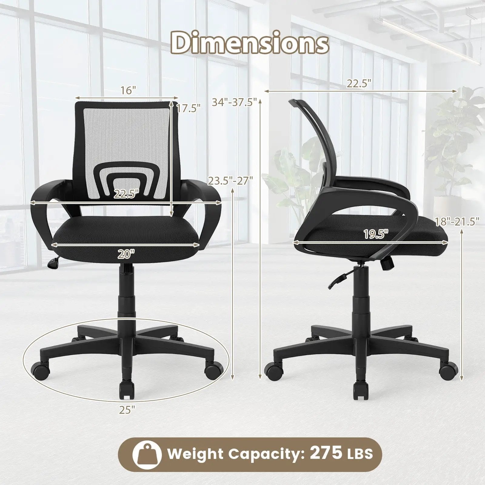 Mid-Back Mesh Office Chair Ergonomic Computer Chair with Lumbar Support-Black by DirectDeals