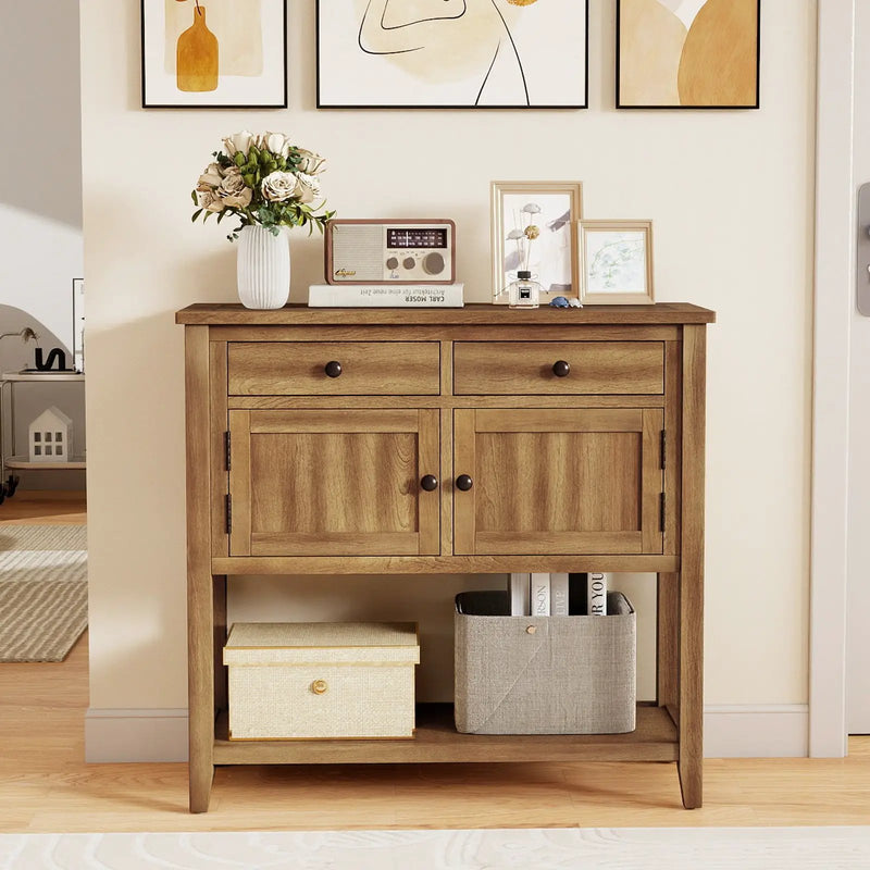 Mid-Century Console Table Wood Coffee Bar Buffet Sideboard with 2 Drawers-Walnut by DirectDeals