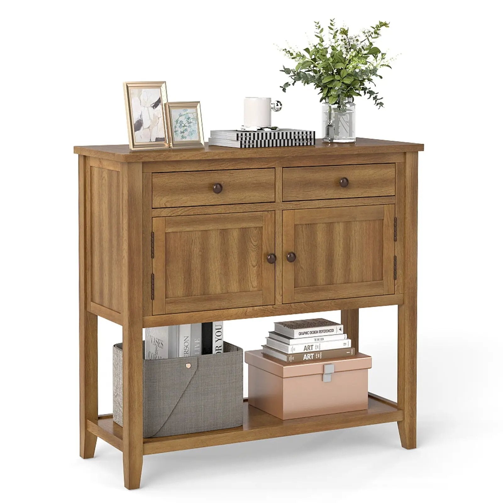 Mid-Century Console Table Wood Coffee Bar Buffet Sideboard with 2 Drawers-Walnut by DirectDeals