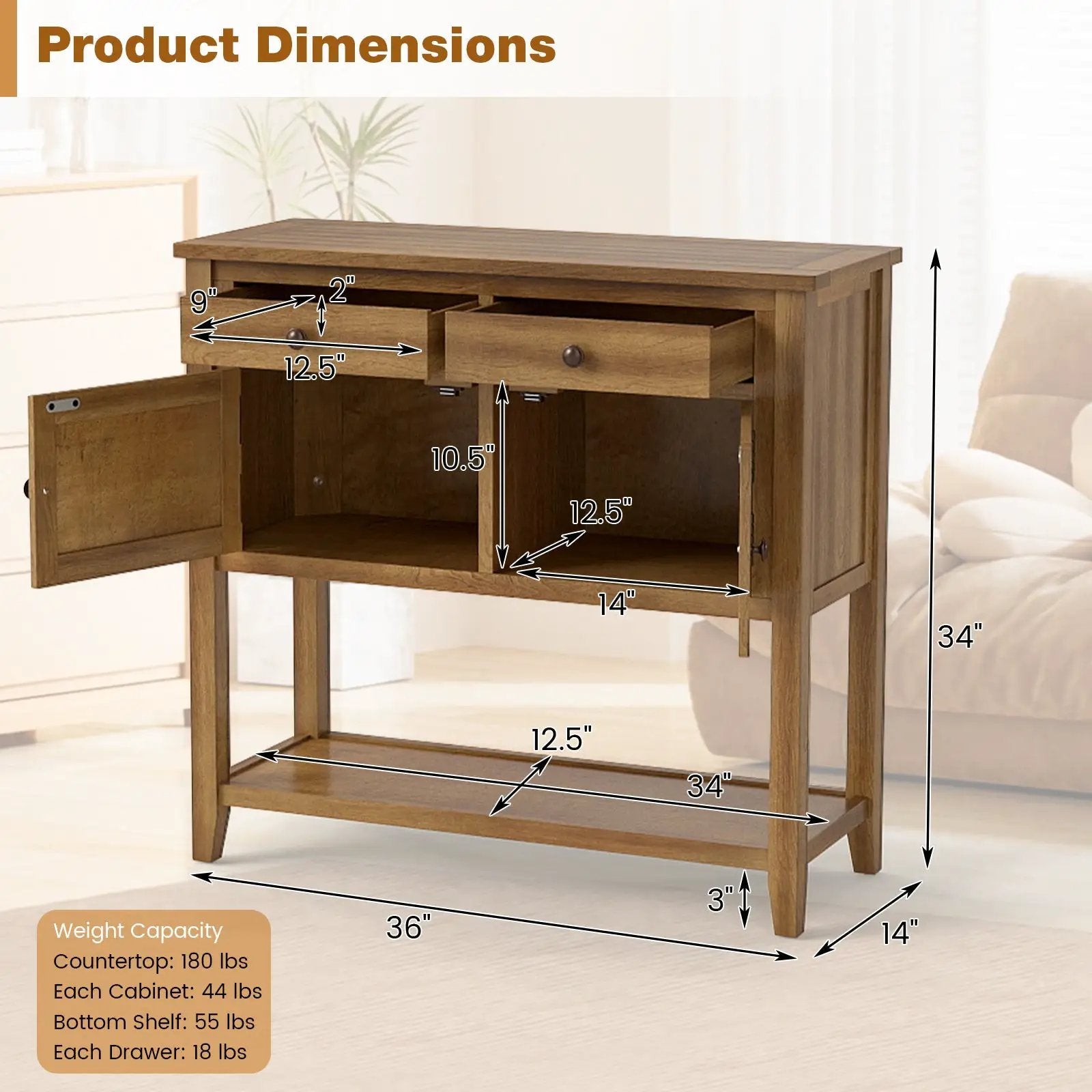 Mid-Century Console Table Wood Coffee Bar Buffet Sideboard with 2 Drawers-Walnut by DirectDeals