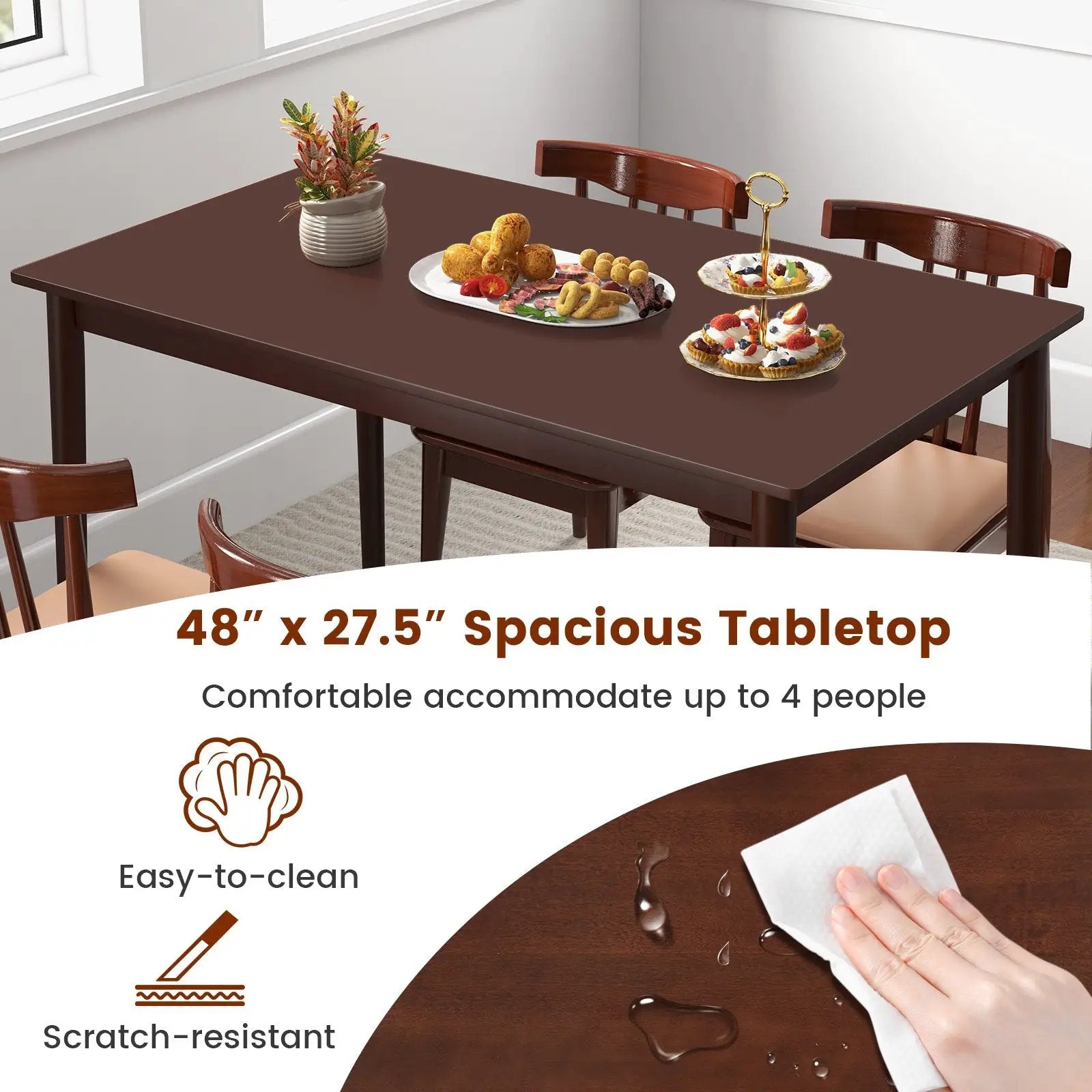 48 Inches Mid Century Dining Table for 4 with Rubber Wood Legs-Brown by DirectDeals