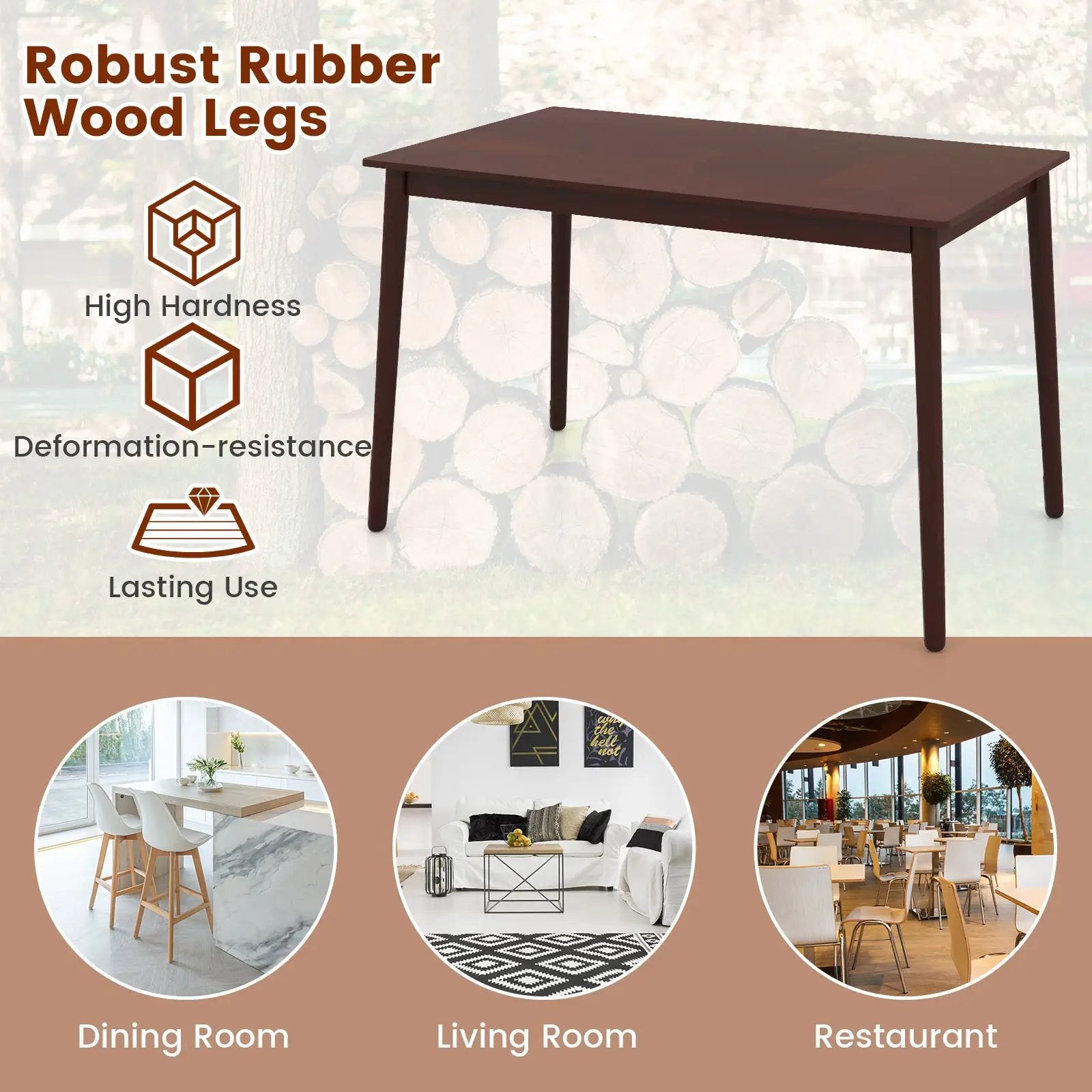 48 Inches Mid Century Dining Table for 4 with Rubber Wood Legs-Brown by DirectDeals