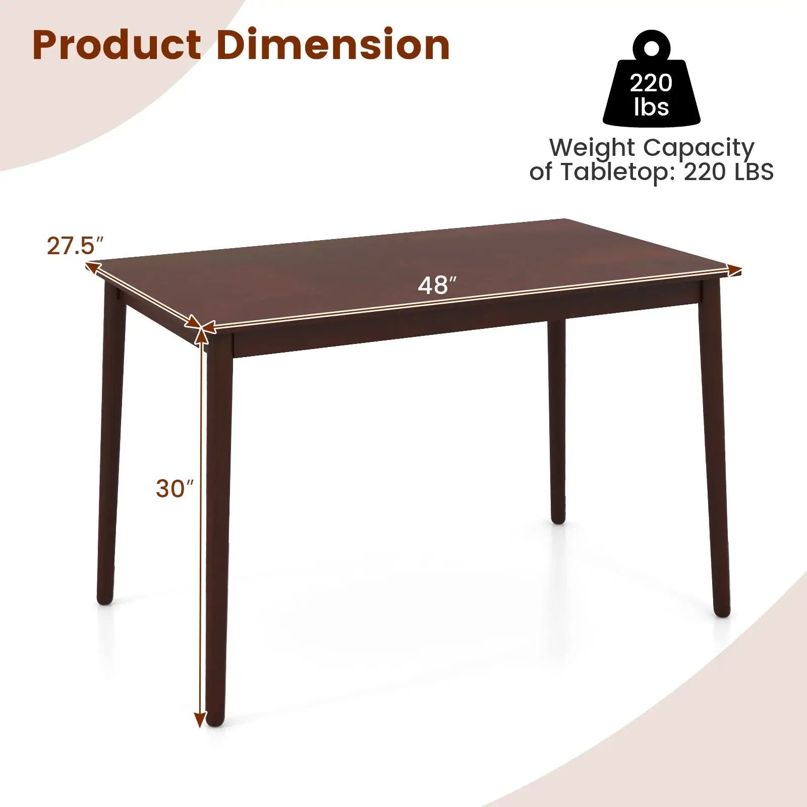 48 Inches Mid Century Dining Table for 4 with Rubber Wood Legs-Brown by DirectDeals
