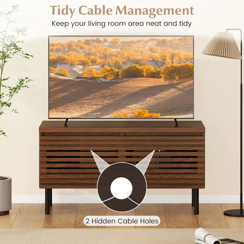 Mid Century Fluted TV Stand for 40" TV with 2 Hidden Compartments and Metal Legs-Walnut by DirectDeals