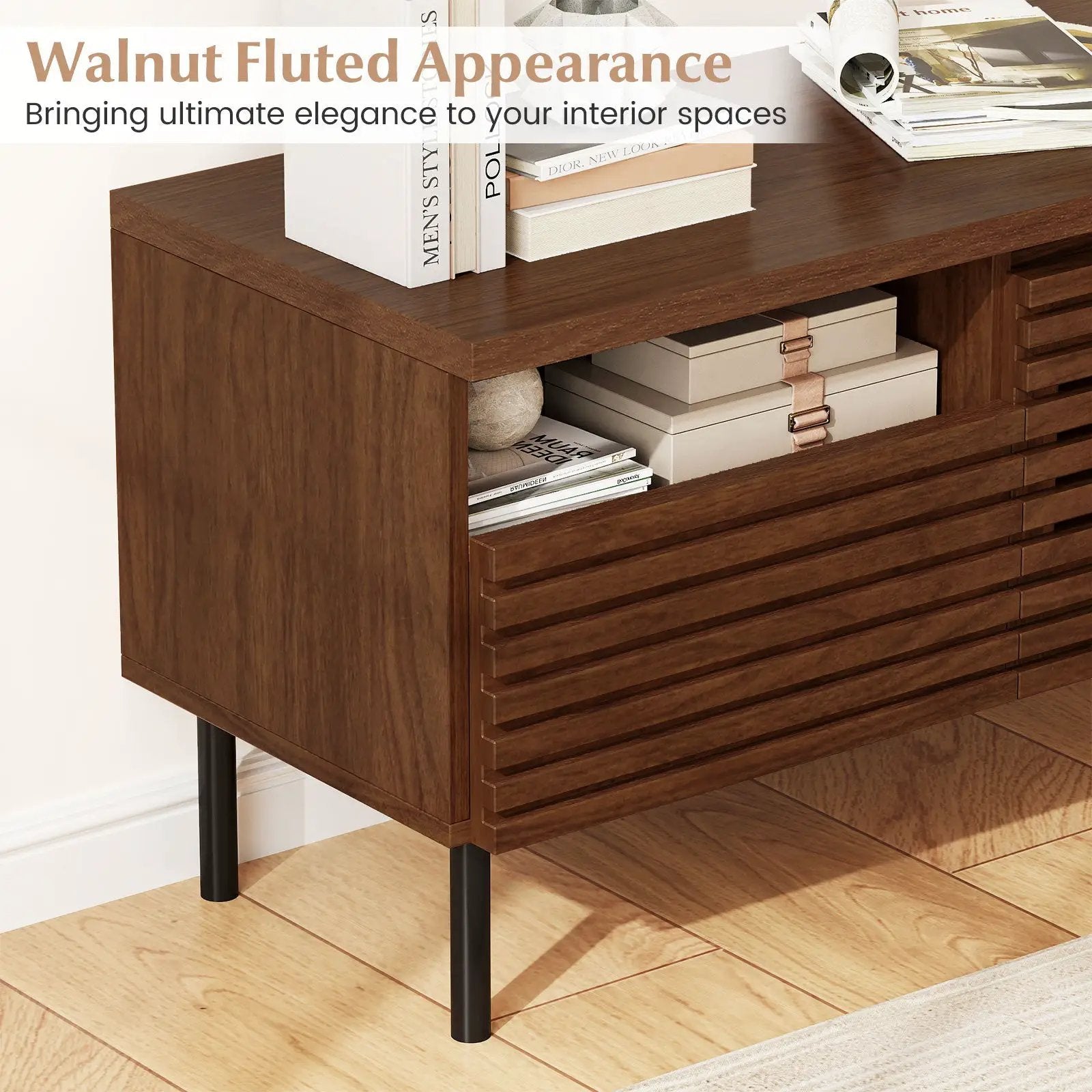 Mid Century Fluted TV Stand for 40 Inch TV Modern Entertainment Center with Open Compartment-Walnut by DirectDeals