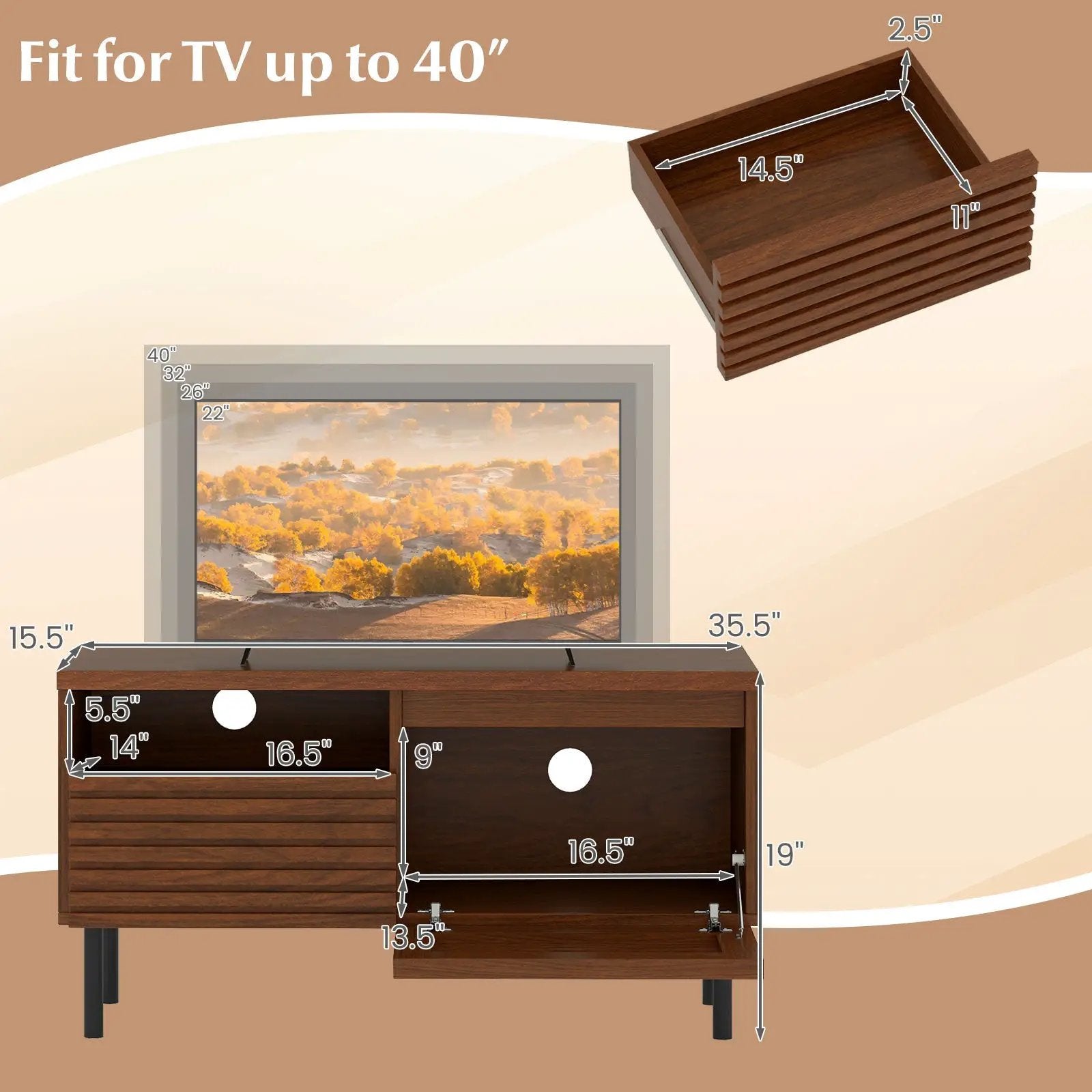Mid Century Fluted TV Stand for 40 Inch TV Modern Entertainment Center with Open Compartment-Walnut by DirectDeals