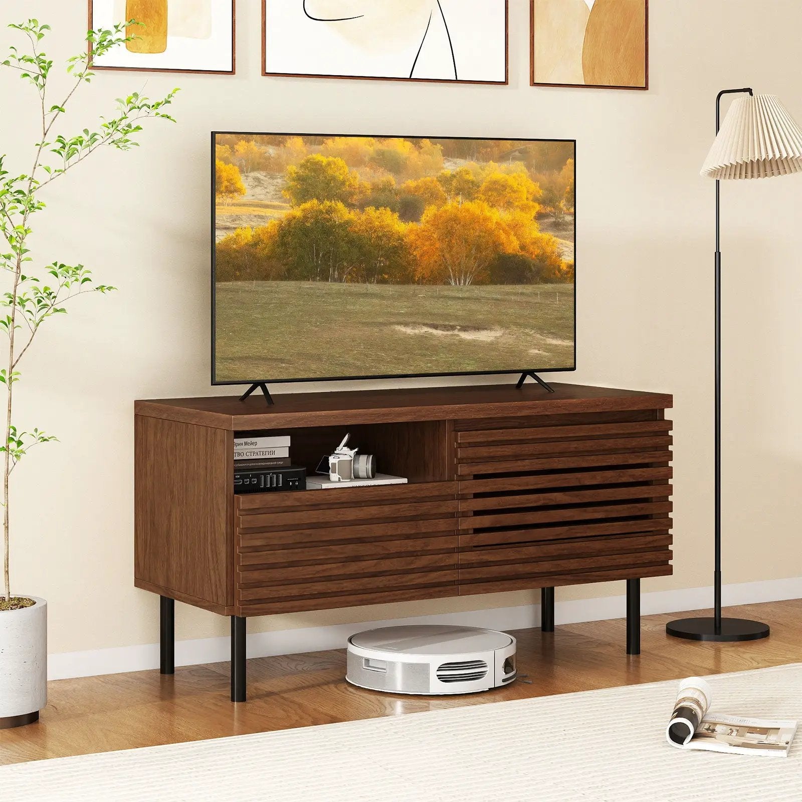 Mid Century Fluted TV Stand for 40 Inch TV Modern Entertainment Center with Open Compartment-Walnut by DirectDeals