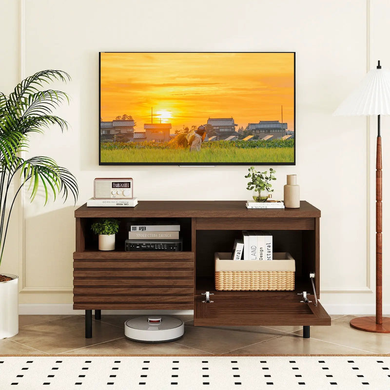 Mid Century Fluted TV Stand for 40 Inch TV Modern Entertainment Center with Open Compartment-Walnut by DirectDeals