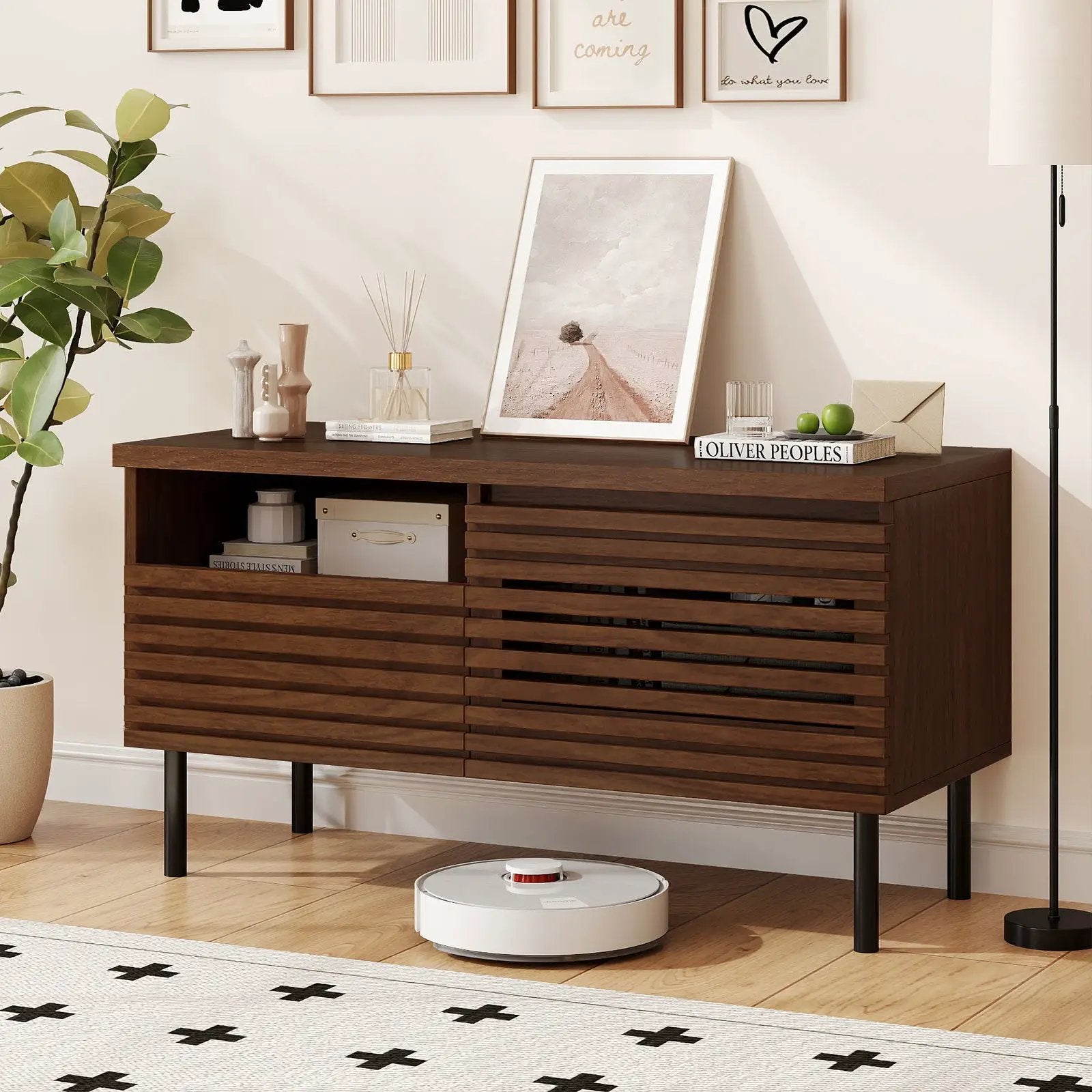 Mid Century Fluted TV Stand for 40 Inch TV Modern Entertainment Center with Open Compartment-Walnut by DirectDeals