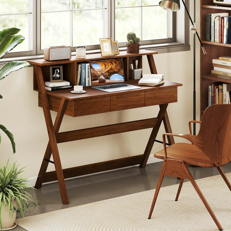 Mid Century Home Office Desk with 3 Storage Drawers and Monitor Stand-Oak by DirectDeals