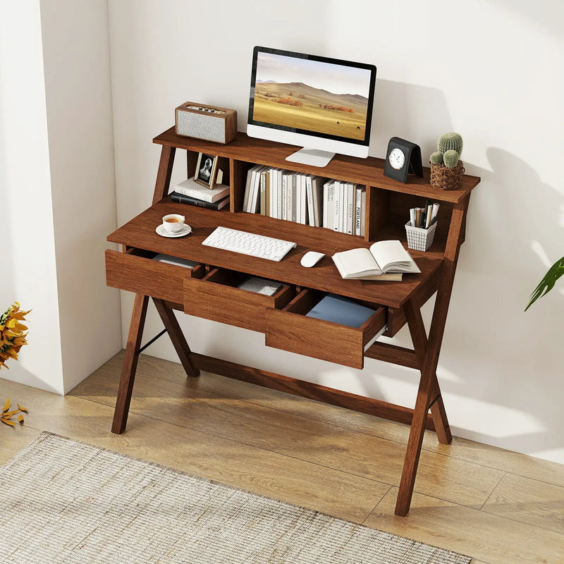 Mid Century Home Office Desk with 3 Storage Drawers and Monitor Stand-Oak by DirectDeals