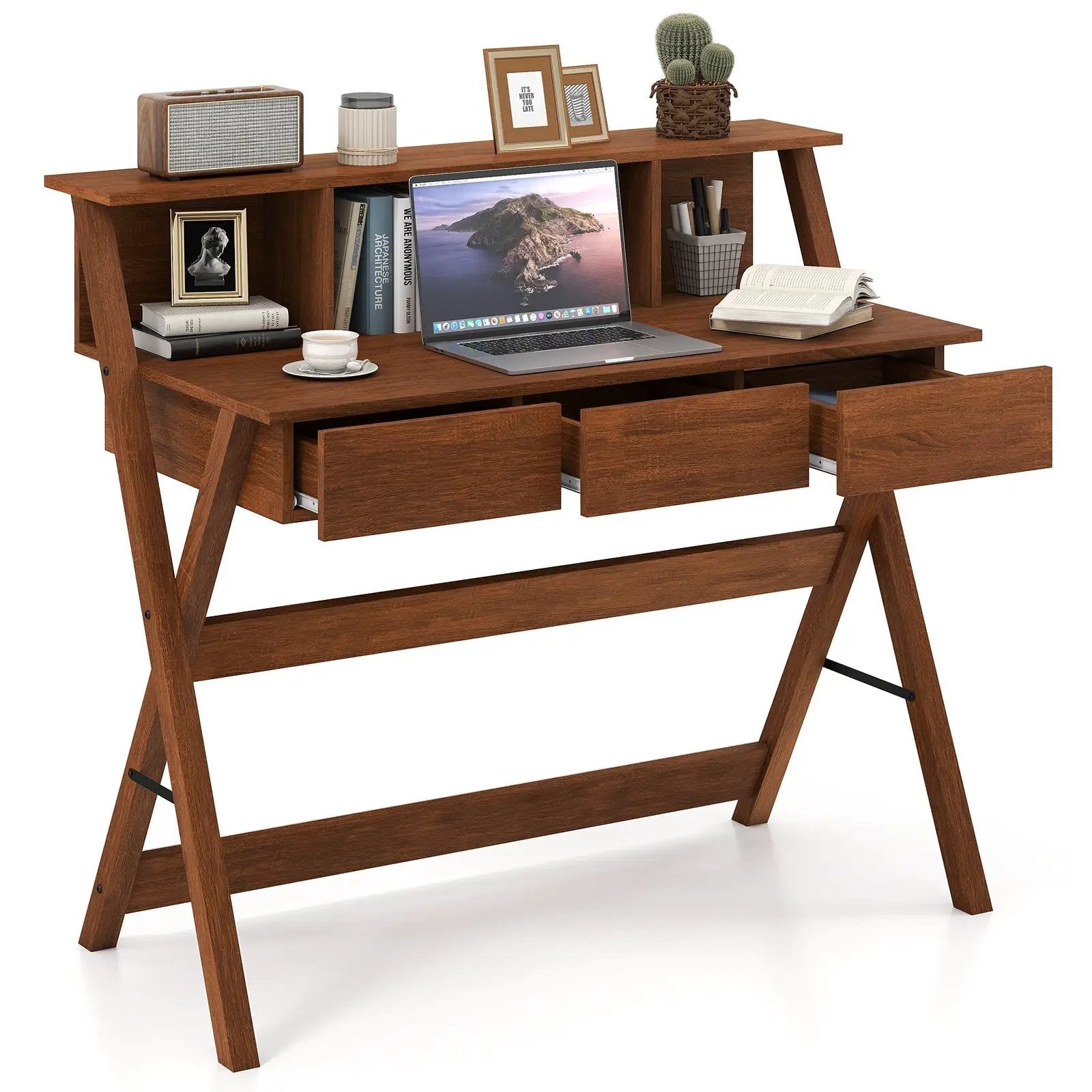 Mid Century Home Office Desk with 3 Storage Drawers and Monitor Stand-Oak by DirectDeals