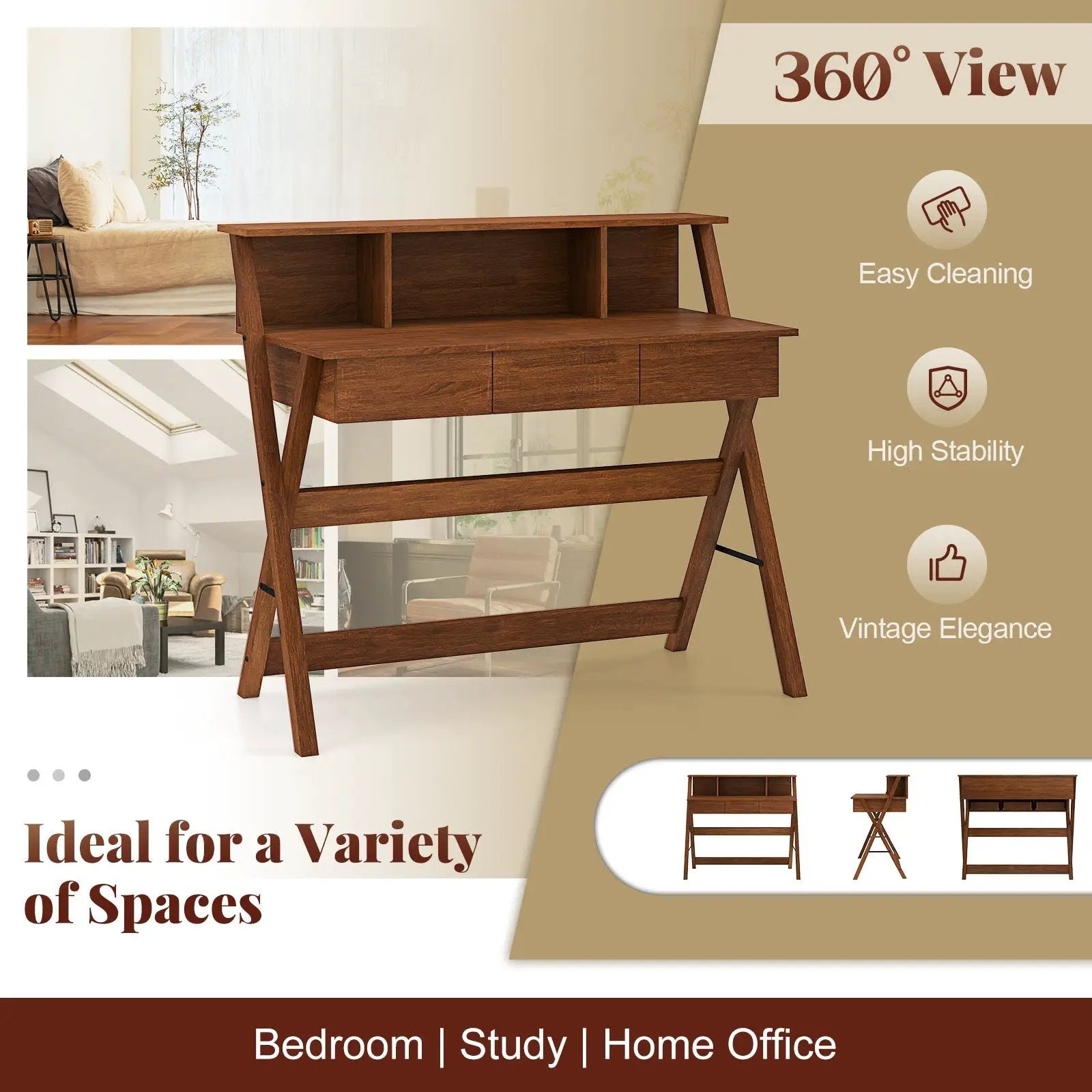 Mid Century Home Office Desk with 3 Storage Drawers and Monitor Stand-Oak by DirectDeals