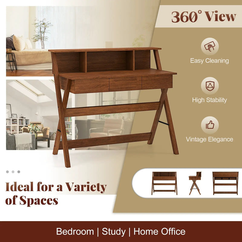 Mid Century Home Office Desk with 3 Storage Drawers and Monitor Stand-Oak by DirectDeals