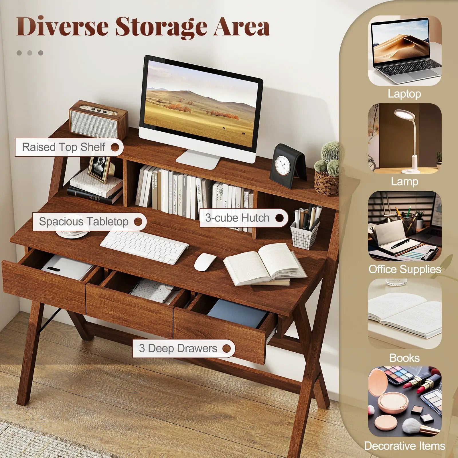 Mid Century Home Office Desk with 3 Storage Drawers and Monitor Stand-Oak by DirectDeals