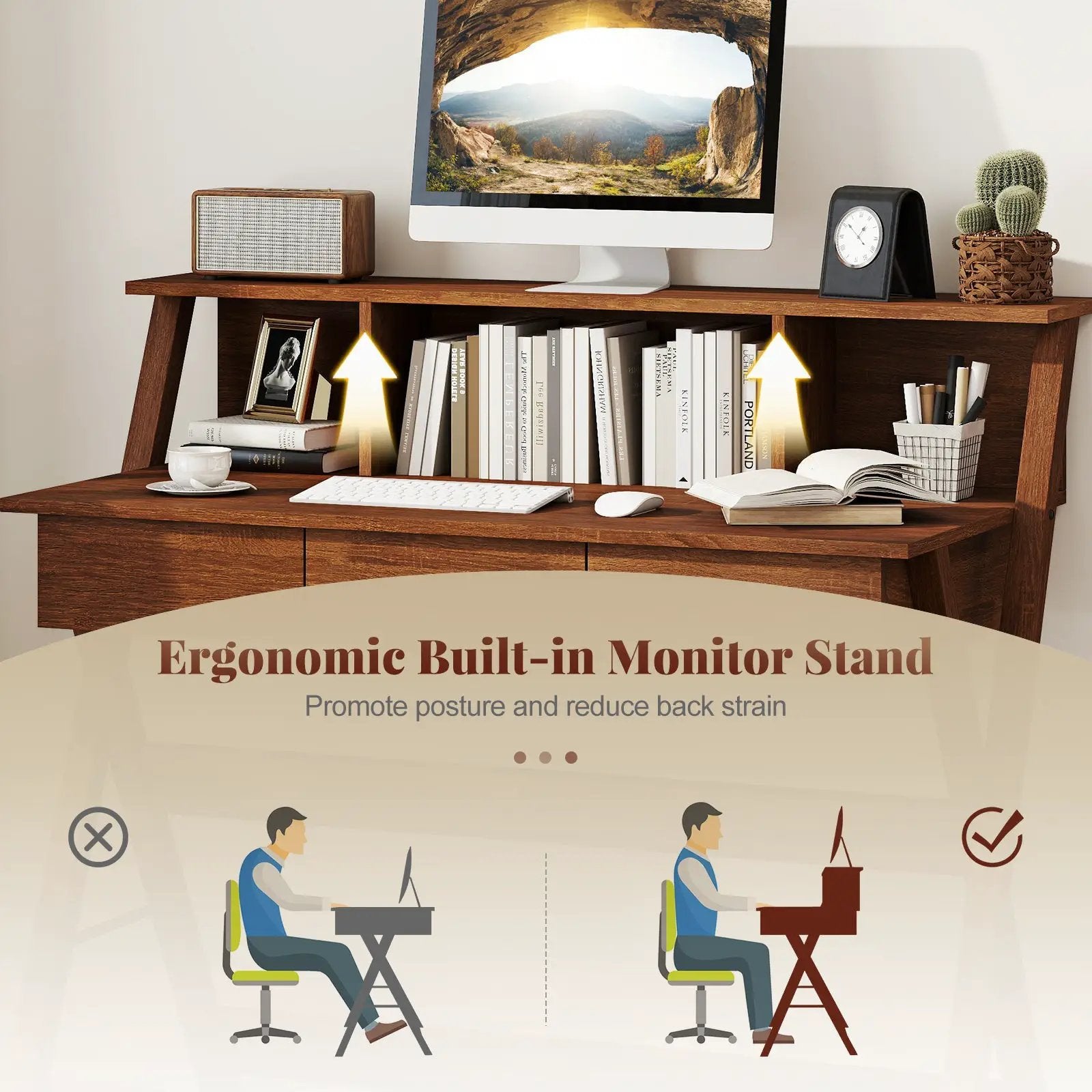 Mid Century Home Office Desk with 3 Storage Drawers and Monitor Stand-Oak by DirectDeals