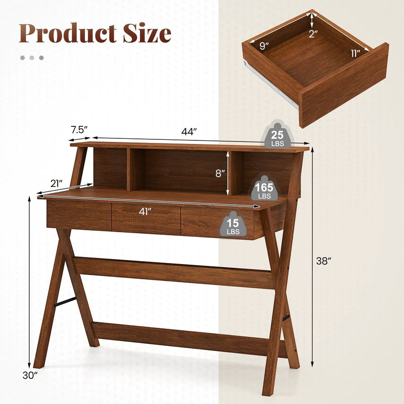 Mid Century Home Office Desk with 3 Storage Drawers and Monitor Stand-Oak by DirectDeals