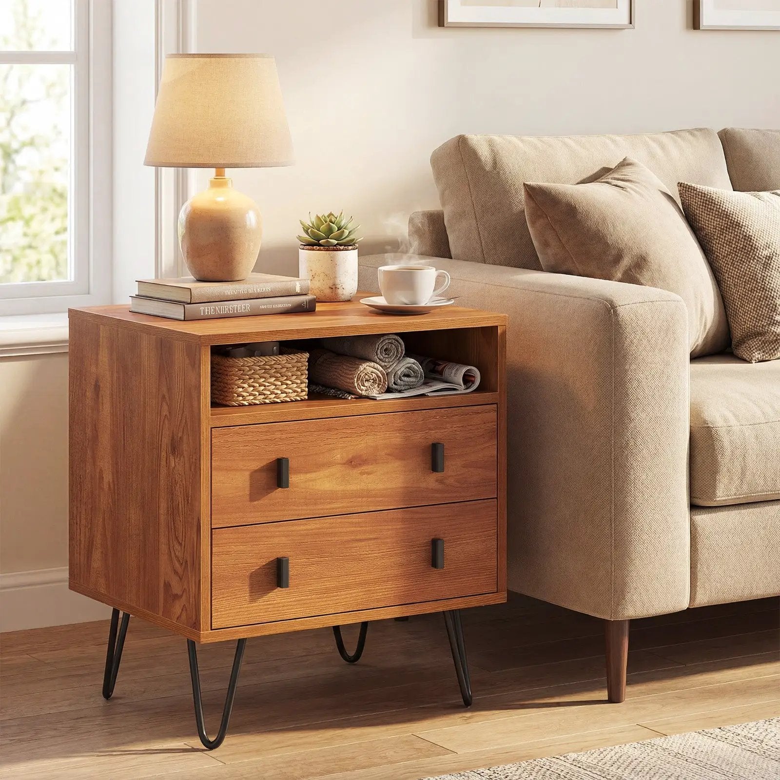 Mid Century Modern 2-Drawer Nightstand with Storage Compartment-Walnut by DirectDeals