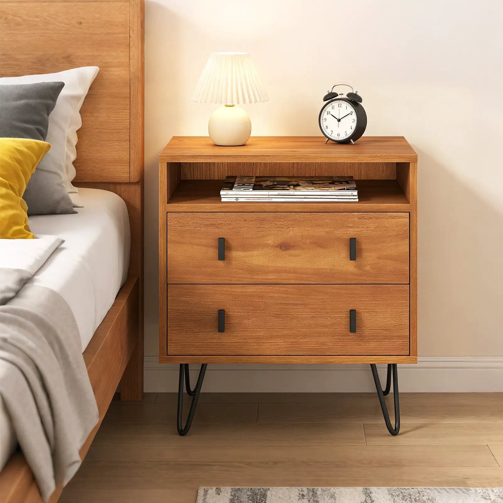 Mid Century Modern 2-Drawer Nightstand with Storage Compartment-Walnut by DirectDeals