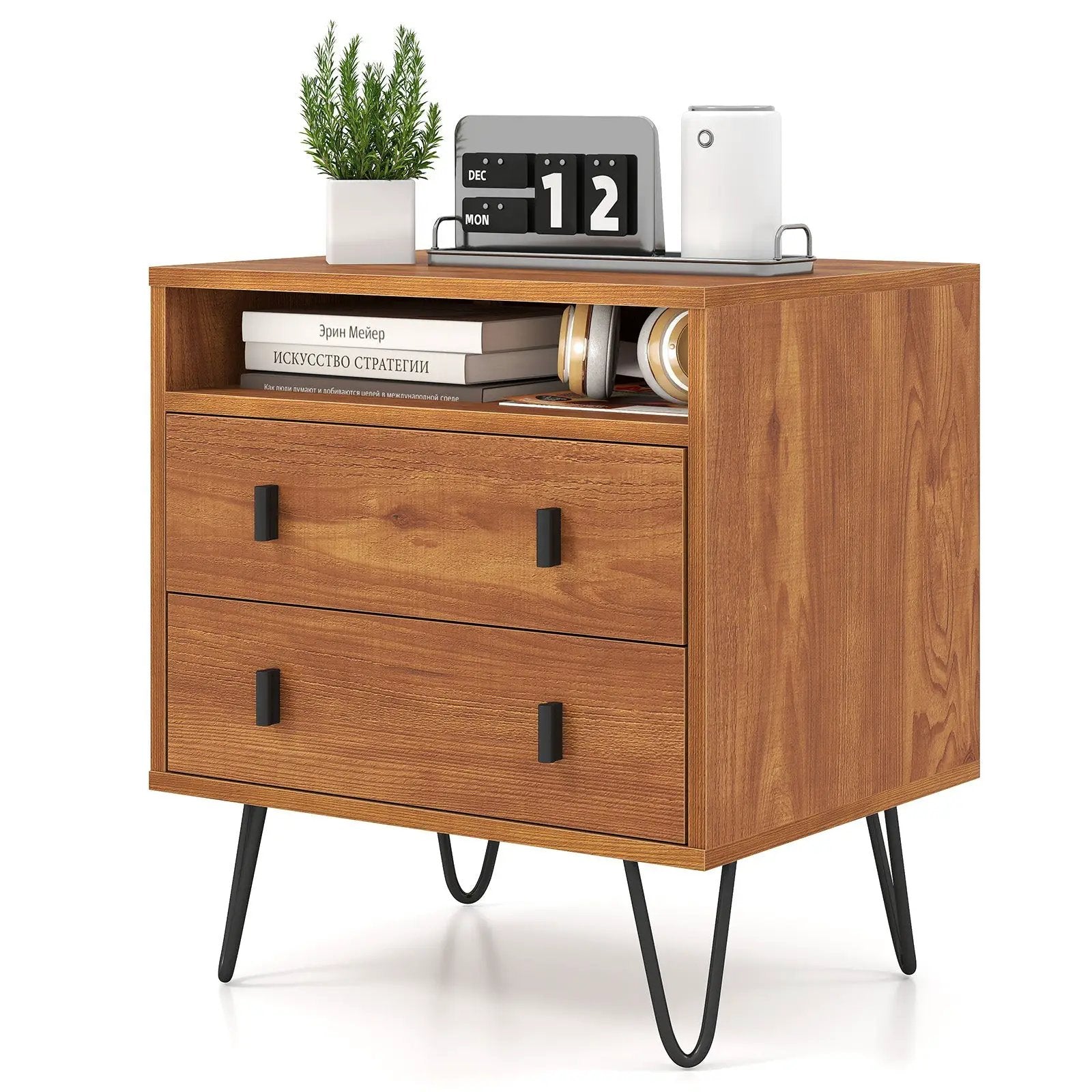 Mid Century Modern 2-Drawer Nightstand with Storage Compartment-Walnut by DirectDeals