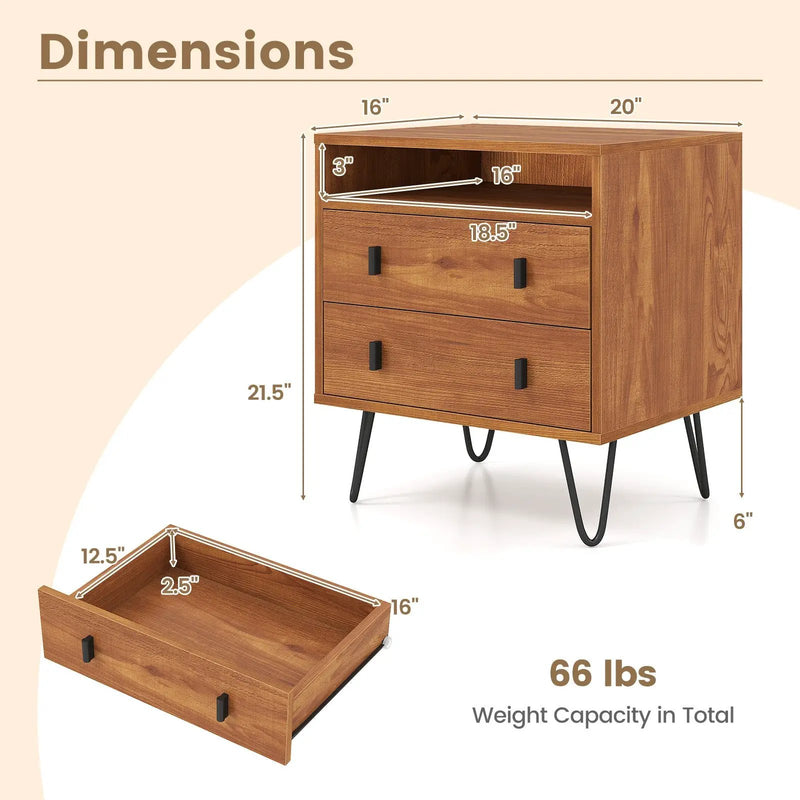 Mid Century Modern 2-Drawer Nightstand with Storage Compartment-Walnut by DirectDeals
