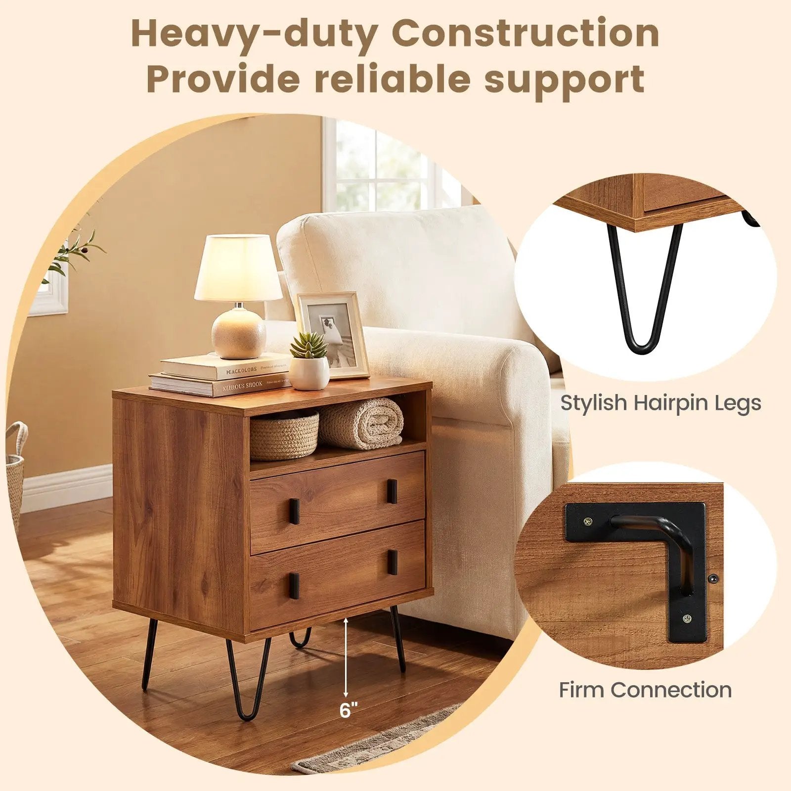Mid Century Modern 2-Drawer Nightstand with Storage Compartment-Walnut by DirectDeals