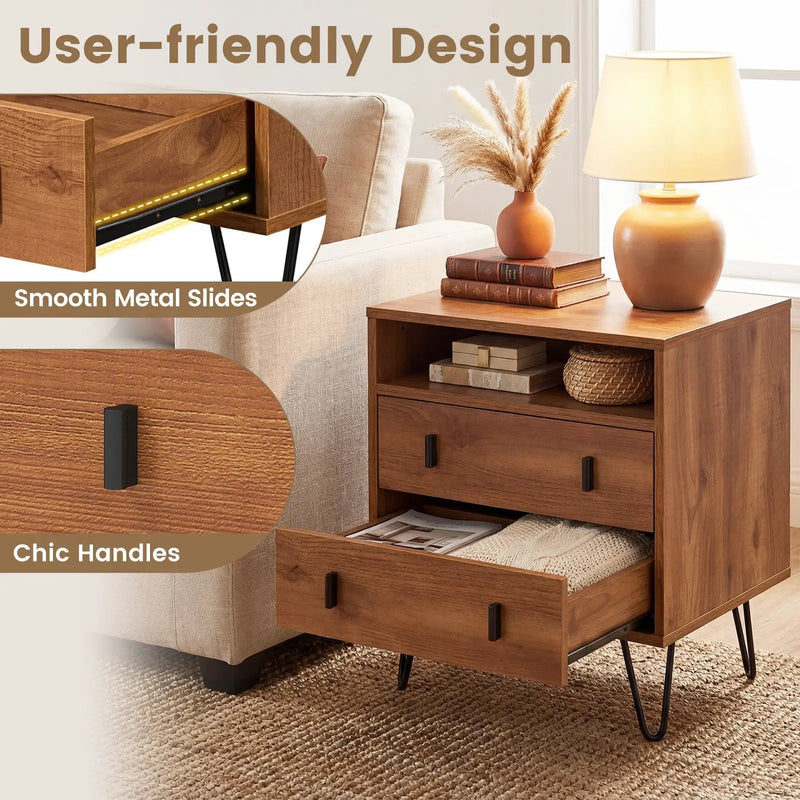 Mid Century Modern 2-Drawer Nightstand with Storage Compartment-Walnut by DirectDeals