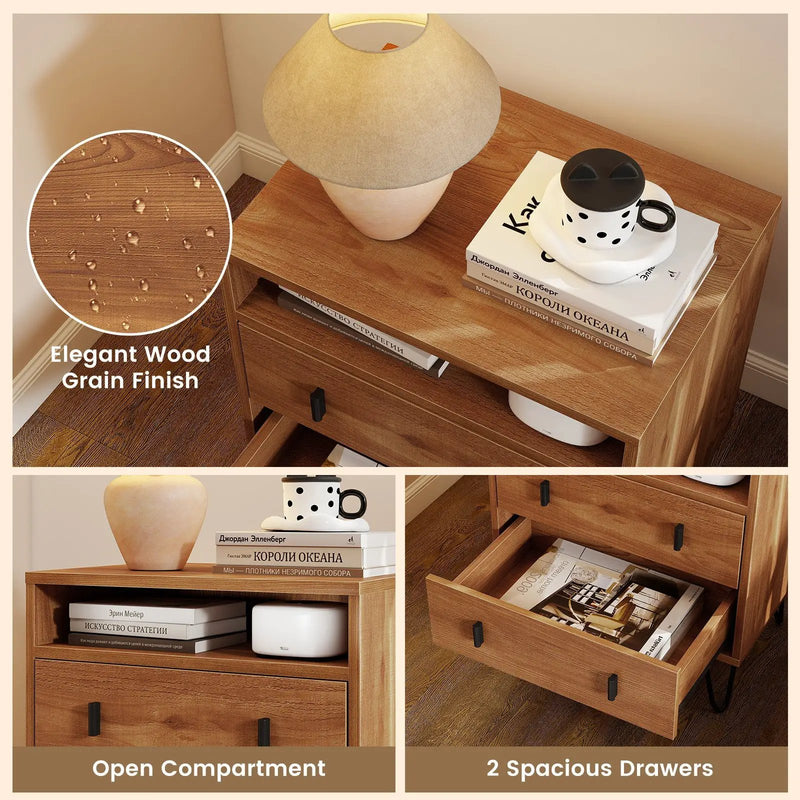 Mid Century Modern 2-Drawer Nightstand with Storage Compartment-Walnut by DirectDeals