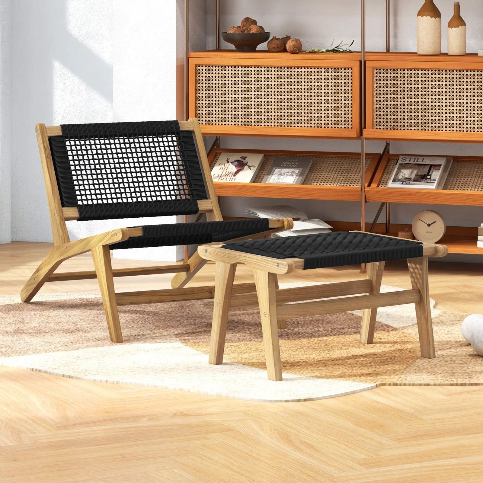 Mid Century Modern Accent Chair Farmhouse Handwoven Cordage with Ottoman by DirectDeals