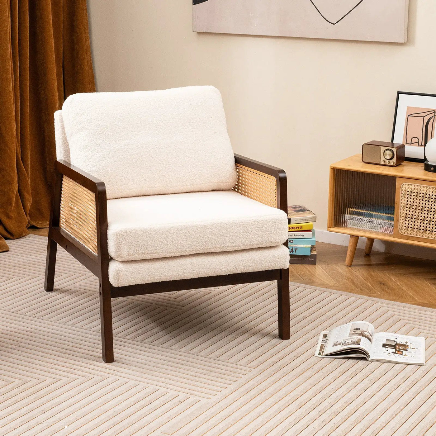 Mid Century Modern Accent Chair with Rattan Arms and Cushion by DirectDeals