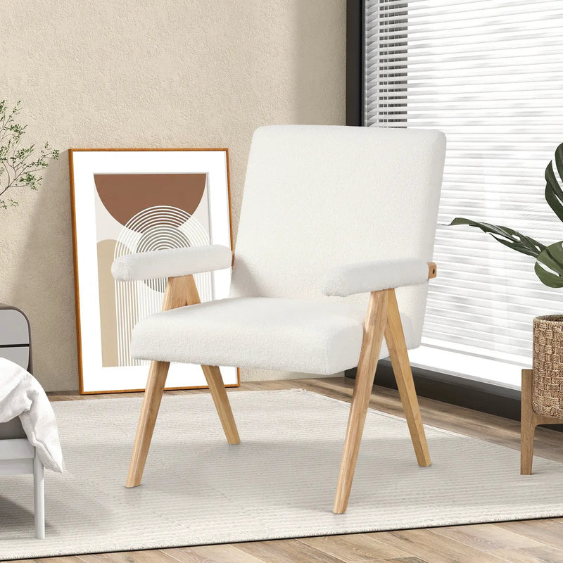 Mid Century Modern Accent Chair with Rubber Wood Frame and Padded Armrests-White by DirectDeals