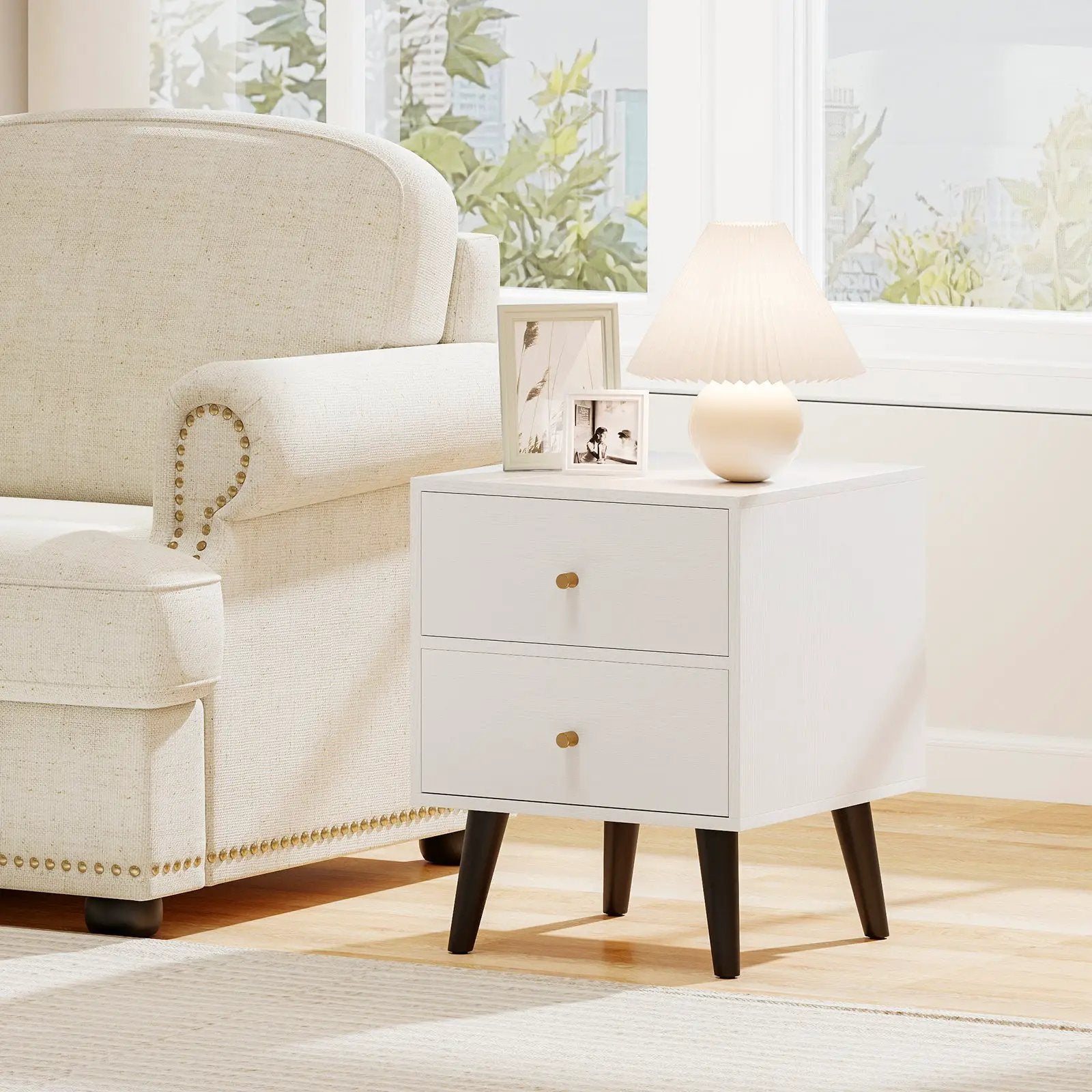 Mid Century Modern Bedside Table Nightstand with Golden Knobs and Raised Support Legs-White by DirectDeals