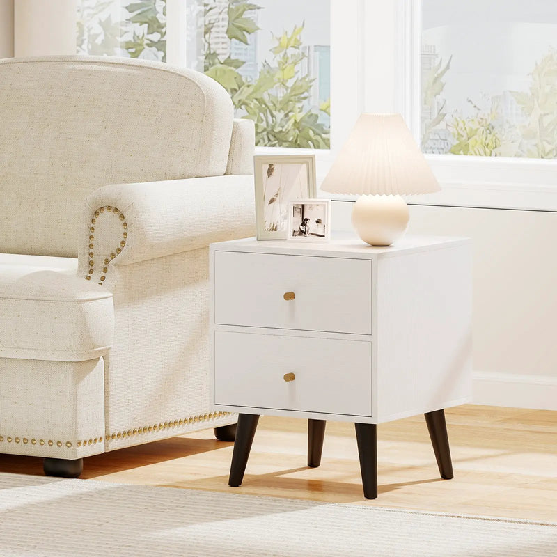 Mid Century Modern Bedside Table Nightstand with Golden Knobs and Raised Support Legs-White by DirectDeals