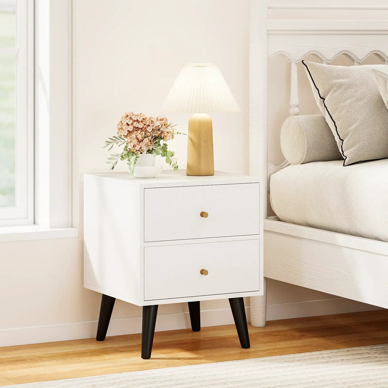 Mid Century Modern Bedside Table Nightstand with Golden Knobs and Raised Support Legs-White by DirectDeals