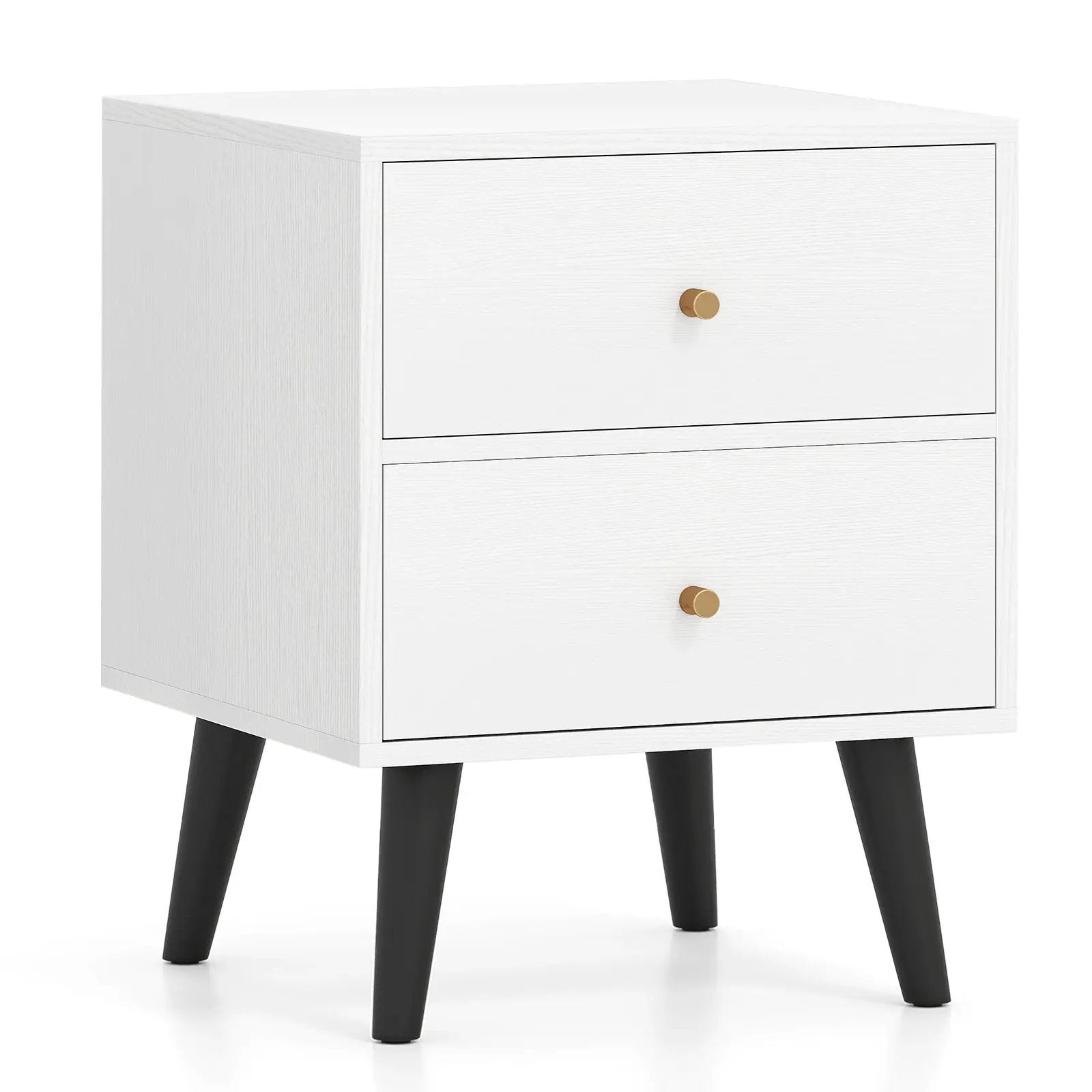 Mid Century Modern Bedside Table Nightstand with Golden Knobs and Raised Support Legs-White by DirectDeals