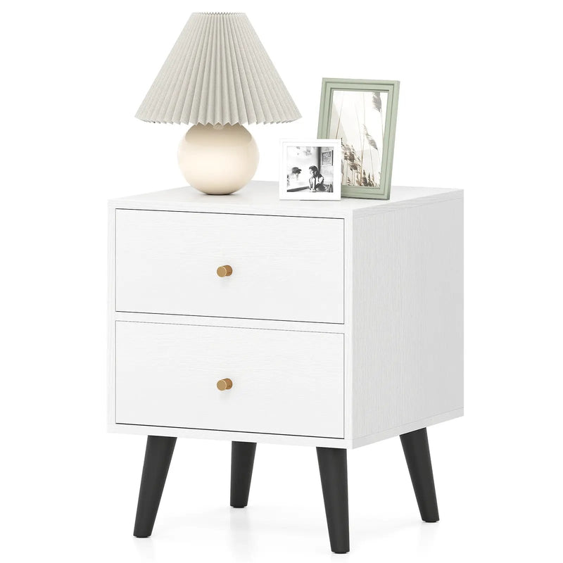Mid Century Modern Bedside Table Nightstand with Golden Knobs and Raised Support Legs-White by DirectDeals