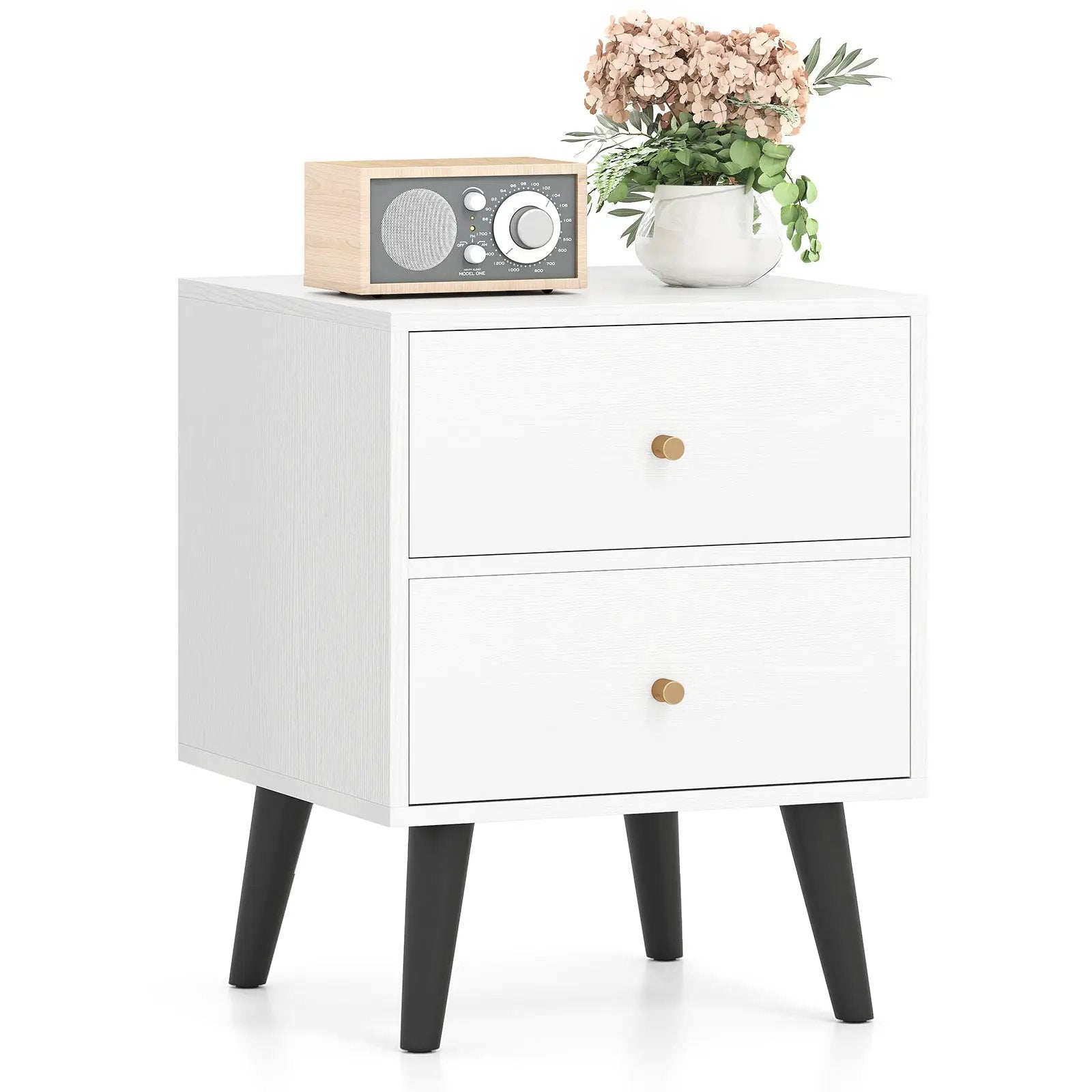Mid Century Modern Bedside Table Nightstand with Golden Knobs and Raised Support Legs-White by DirectDeals