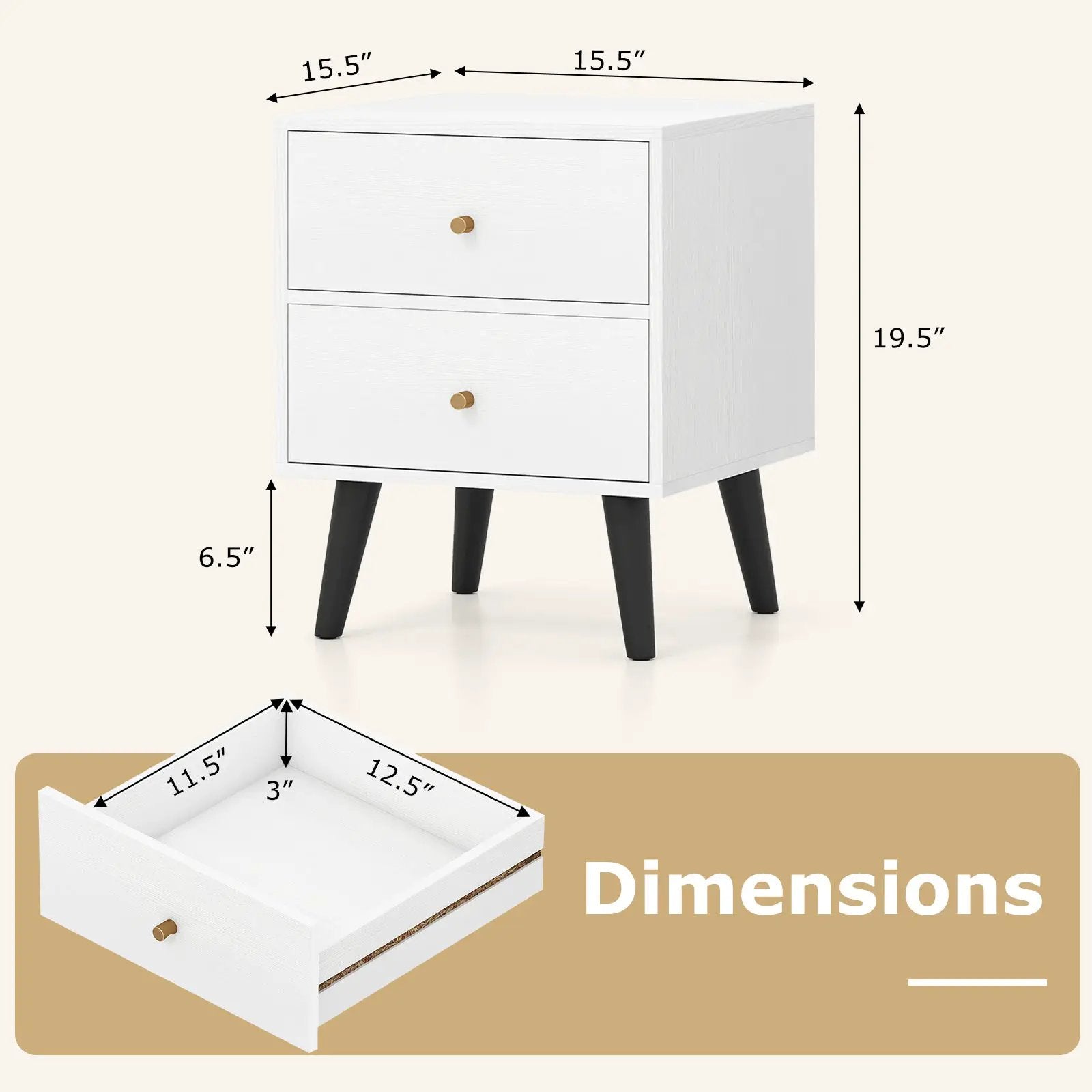 Mid Century Modern Bedside Table Nightstand with Golden Knobs and Raised Support Legs-White by DirectDeals